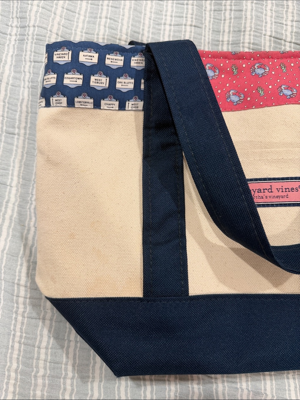 Vineyard Vines Cream Canvas Zipper Tote with Navy Trim and Multicolor Accents - Picture 9 of 11